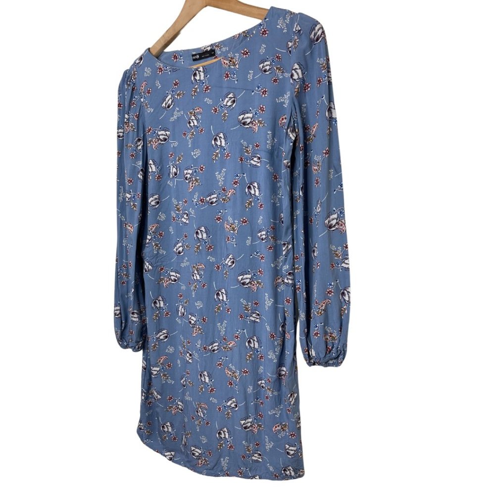👗 OODJI | Blue Floral Dress Women Long Balloon Sleeves Shift | Size 38 - Picture 2 of 8